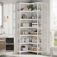 Tribesigns Eck-Bücherregal, 7-stöckiges Industrielles Eckregal, Holz und Metall Ecke Etagere Bücherregal, Freistehendes Lagerregal für Wohnzimmer, Küche, Home Office, Rustikales Braun - Weiss - Übersicht 8