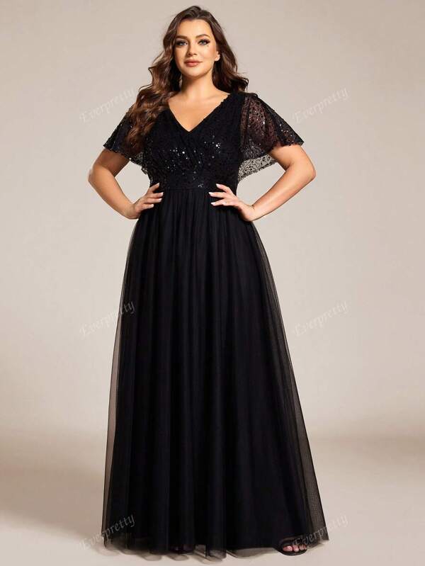 EVER-PRETTY Cocktailkleid in Große Größen mit V-Ausschnitt, Pailletten-Patchwork, Volant-Ärmeln und Mesh-Einsätzen, schwarzes elegantes formelles Abendkleid für Hochzeitsgäste, Abschlussfeier, Dinner-Party