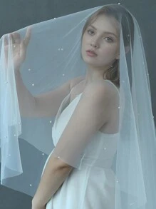 1 Stück minimalistische zweistufige Brautschleier mit Haarkamm, dünner, transparenter einfarbiger Perlenbesatz, geeignet für Hochzeitskleid Fotoshooting