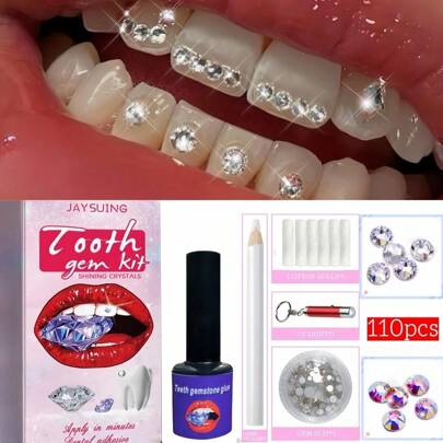 Tooth Jewel Kit - Self-Adhesive Tooth Gems, Sparkling Bling Teeth Decals, Easy To Apply & Remove, Crystal Teeth Accessories, Fashionable Grillz Style For DIY Dental Jewelry, Fit For Halloween, Punk, Y2K Aesthetics