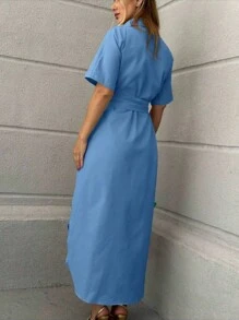 LINEN DRESS WITH BELT SUZI MODA - Blue - View 2