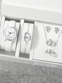 6入組-少年手錶極簡時尚石英手錶模擬皮革錶帶手錶搭配手鍊項鍊耳環戒指珠寶套裝，送禮給媽媽她 - 白色 - 查看 1