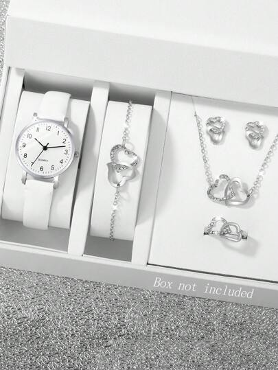 6入組-少年手錶極簡時尚石英手錶模擬皮革錶帶手錶搭配手鍊項鍊耳環戒指珠寶套裝，送禮給媽媽她