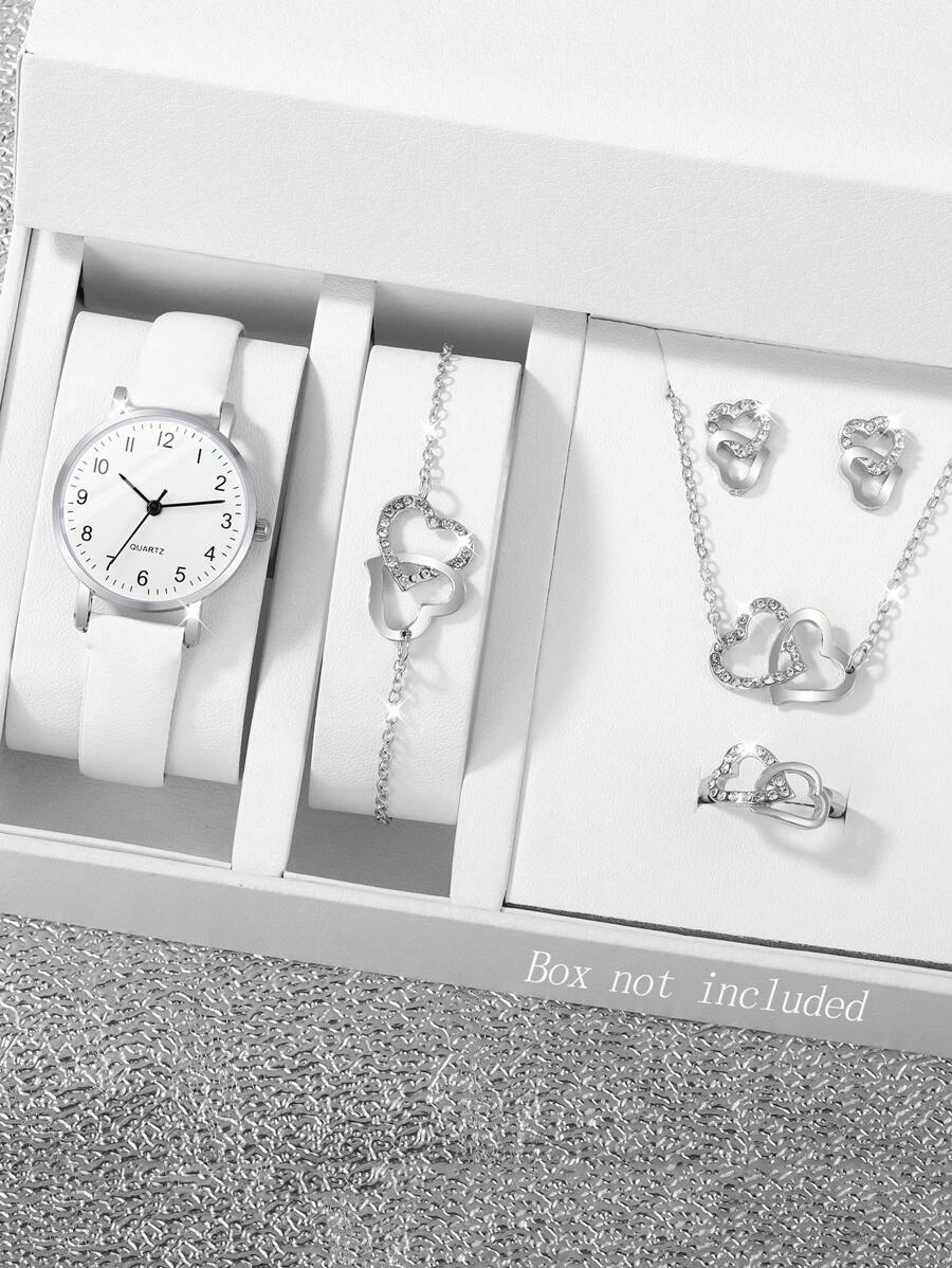 6入組-少年手錶極簡時尚石英手錶模擬皮革錶帶手錶搭配手鍊項鍊耳環戒指珠寶套裝，送禮給媽媽她 - 白色 - 查看 1