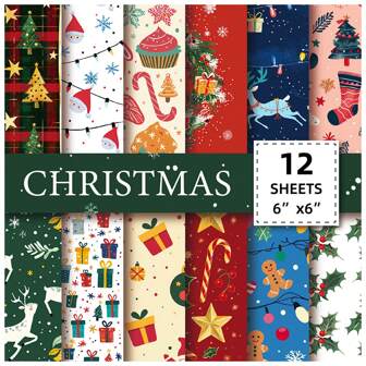 12 hojas/paquete Papel de material para scrapbook con tema navideño, papel de patrones artesanales y artísticos para manualidades de scrapbook, cartulina para elaboración de tarjetas decorativas DIY