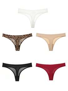 Tanga de mujer de 5 piezas con estampado de leopardo, braguita elástica de talle bajo y cómoda - Multicolor - Ver 5