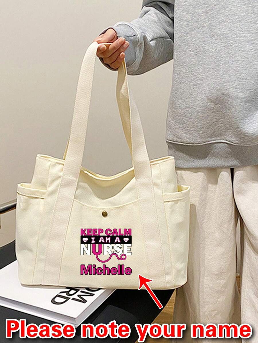 1pc Customized Shoulder Tote Bags Personal Tailor Large Capacity Canvas Shopping Bag Custom Name Pattern Women's Organizer Shoulder Bags Personalized Grocery Handbags Reusable Storage Bag Commute Canvas Bag Travel Picnic Bag Beach Bag - Beige - View 1