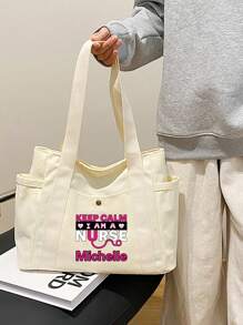 1pc Customized Shoulder Tote Bags Personal Tailor Large Capacity Canvas Shopping Bag Custom Name Pattern Women's Organizer Shoulder Bags Personalized Grocery Handbags Reusable Storage Bag Commute Canvas Bag Travel Picnic Bag Beach Bag - Beige - View 3