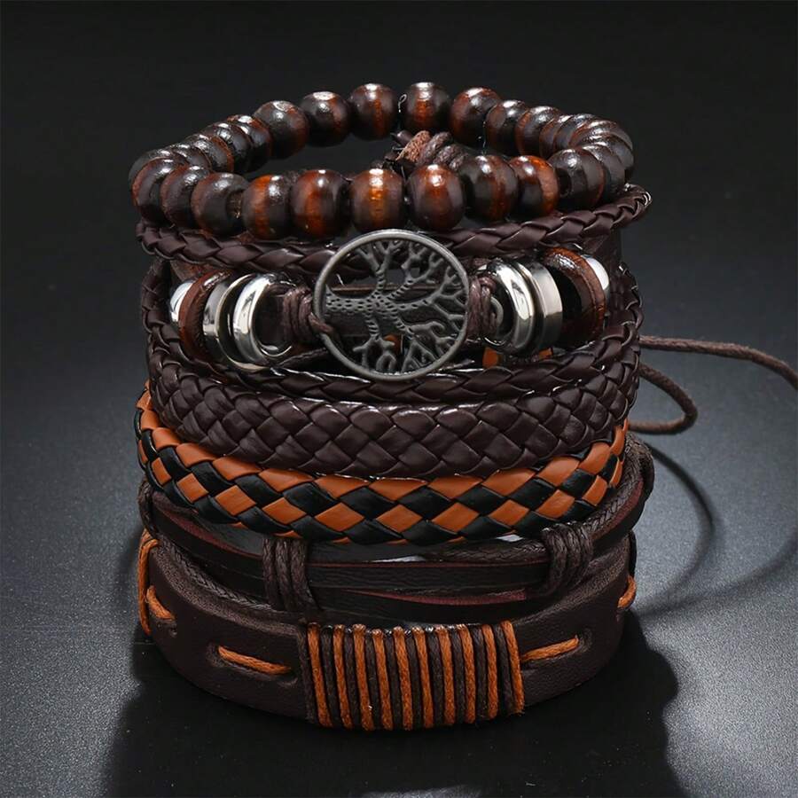 6/10 Pcs Vintage Minimalist Men's Leather Bracelets Handmade Woven Multi-Layer Leather Bracelets Bracelets Bangles Bracelets Coffee Vintage Minimalist Tree Of Life Bracelets Metallic Multi-Layer Faux Leather Bracelets Men's Bracelets And Bangles Men's Arm Jewellery - Mixed - View 1