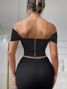 EZNV 1 件装全新纯色性感露背细肩带吊带背心细肩带上衣露肩 - 黑色 - 查看 6