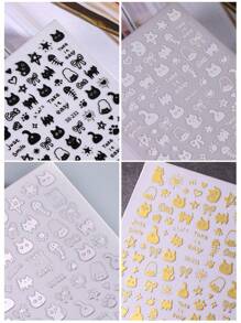 2/4pcs Fun Cat Nail Art Designs 3D Nail Stickers Lovely Cartoon Cat Gold Silver Black White Cute Bow Paw Nail Art Decals Adhesive Sliders DIY Supplies For Women Girl Decor - Multicolor - View 3