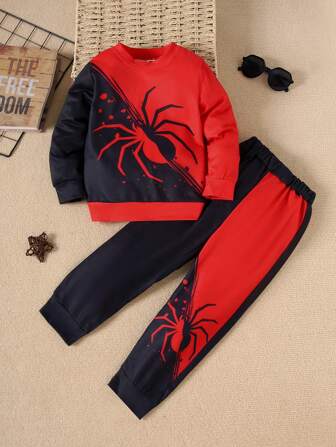 Set de 2 piezas de sudadera y pantalones con estampado de araña para niños pequeños, otoño e invierno