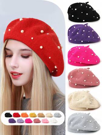 1pc Women's Solid Color Wool Rhinestone Casual Beret Hat, Elegant & Luxurious