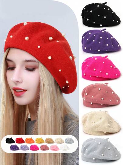 1pc Women's Solid Color Pearl Embellished Wool Casual Beret Elegant Hat