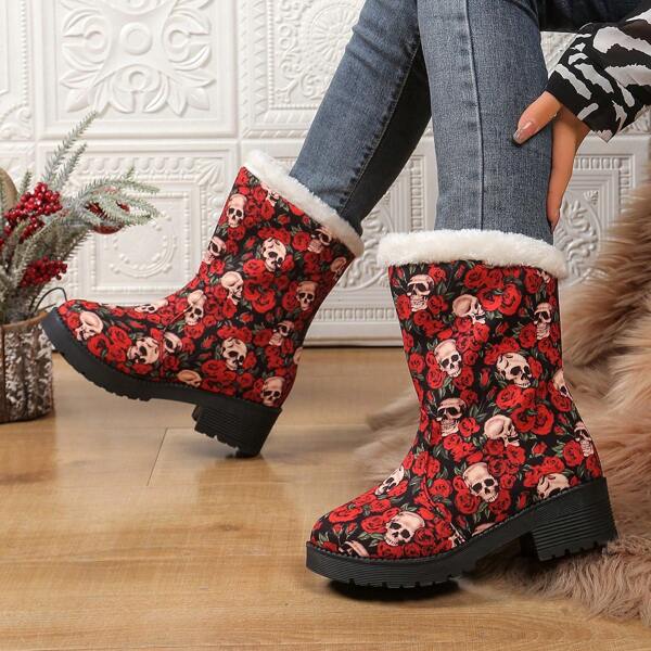 Botas para la nieve hasta el tobillo de 2024, nueva temporada de invierno, con suela gruesa, impermeable, antideslizante, forro térmico y diseño de calavera de Halloween y flores de rosa para mujer
