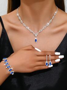 5 Cái/bộ Bộ Trang Sức Cưới Đính Kim Cương Giả Thời Trang - Vòng Cổ, Bông Tai, Vòng Tay, Nhẫn Cho Nữ - Bạc - Xem 8