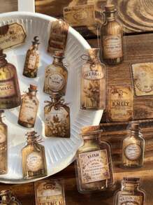 25pcs/Pack Vintage PET Art Sticker Pack, Small Size Label Stickers, Retro Bottle Series, Scrapbooking, Diary, Decorative Back To School - Multicolor - View 6