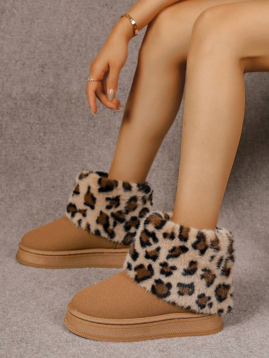 Botas de nieve con forro térmico y estampado de leopardo para mujeres, nuevas para el otoño-invierno 2024, con suela gruesa y cortas - Marrón - Ver 1