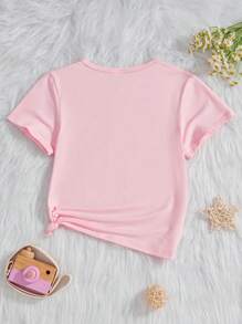 Young Girl Cute Cartoon Graphic & Slogan Print Short Sleeve T-Shirt - Pink - View 2