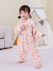 婴幼儿宝宝法兰绒分腿睡袋秋冬季蓬松羊毛长袖舒适柔软连体睡衣爱心情人节