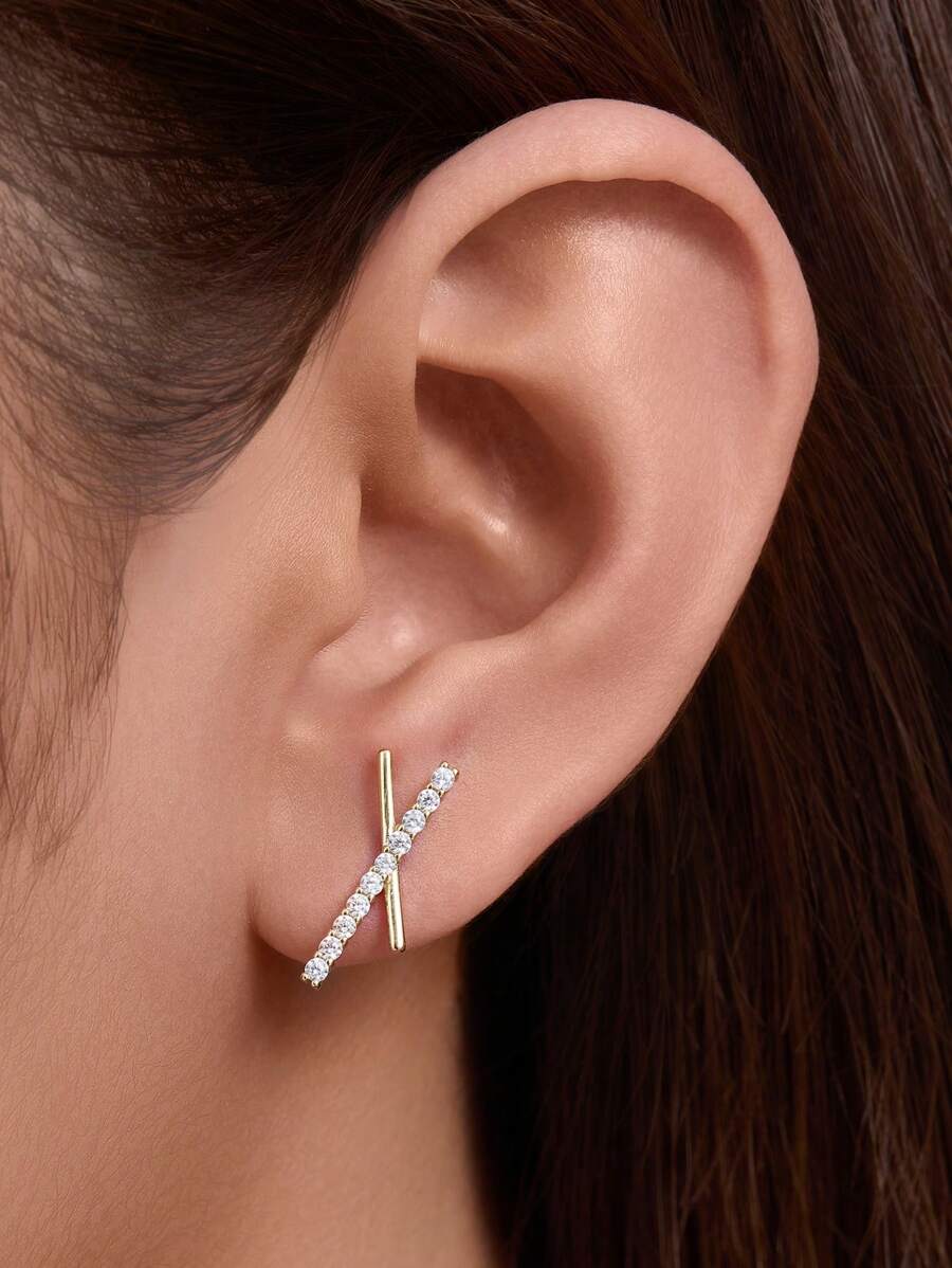 Cubic Zirconia Decor Silver Stud Earrings Holiday - Yellow Gold - View 1