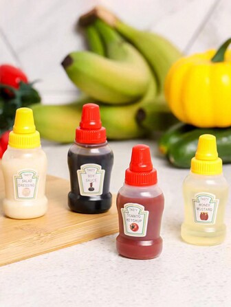 4 Piezas Mini Botellas Portátiles Para Condimentos Para Acampar, Comer Al Aire Libre, Fiestas De Barbacoa, Perfectas Para Ketchup, Aderezo Para Ensaladas, Salsa, Aceite, Vinagre
