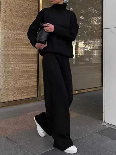 New Fashionable And Elegant Autumn And Winter Loose Turtleneck Long-Sleeved Tops Sweater And Pants Two-Piece Set