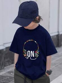 2025 New Summer Casual Headphones Graphic White Crew Neck Short Sleeve T-Shirt, 1pc Tween Boys Top