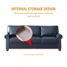 Mid-Century Modern Lounge Sofa, Comfy Faux Leather Couches With 2 Storage Boxes,  Upholstered  3 Seater Sofas Couches With Silver Nails Decoration,Leisure Sofa For Living Room, Bedroom, Apartment,Office. - Màu xanh lam - Xem 8