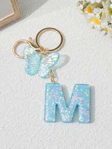 1pc Creative 26 Letter Key Chain, Kids Backpack Accessory, Butterfly Letter Charm Keychain For Girls - Light Blue - View 29