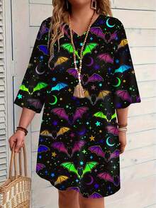 Plus Size Stylish Halloween Themed Printed Dress - Black - View 1