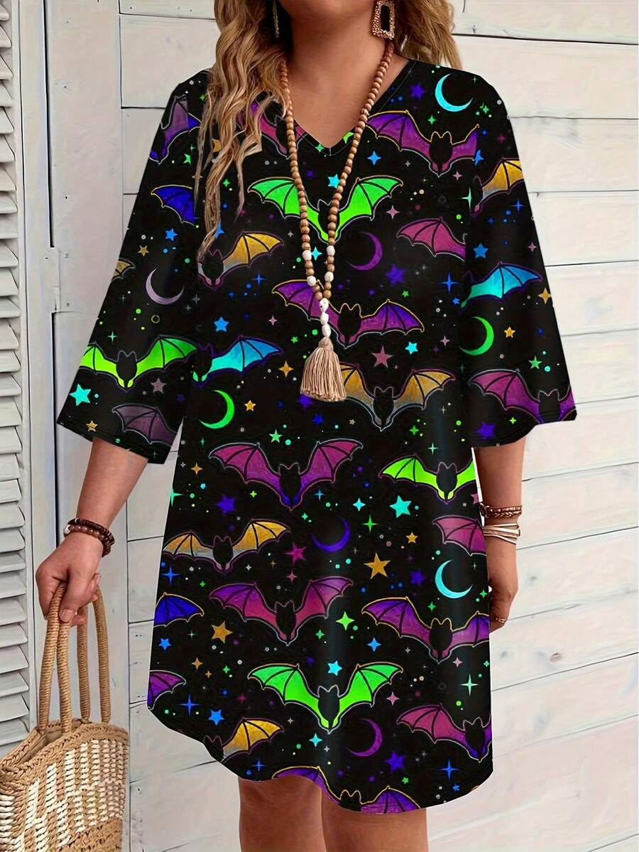 Plus Size Stylish Halloween Themed Printed Dress - Black - View 1