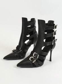 女士夏季尖头高跟角斗士靴，带镂空金属扣，优雅新款时尚靴子 - 黑色 - 查看 6