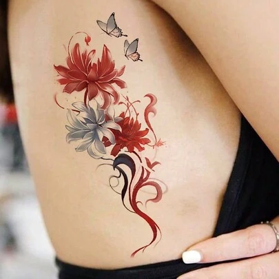 1 张大尺寸人体艺术临时纹身贴纸，适用于女性或男性，红花蓝灰色蝴蝶图案，防水假纹身，持续 2-5 天，遮盖疤痕，可用于手臂手腕肩膀腿腰颈手胸部大腿手指脚踝，适用于派对、礼物、度假、身体装饰