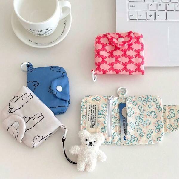 قطعة واحدة محفظة بطاقات للطالبات بطباعة زهور على الطراز الكوري موضة، حاملة بطاقات صغيرة حقيبة تخزين محمولة جذابة للنساء، محفظة صغيرة، محفظة عملات