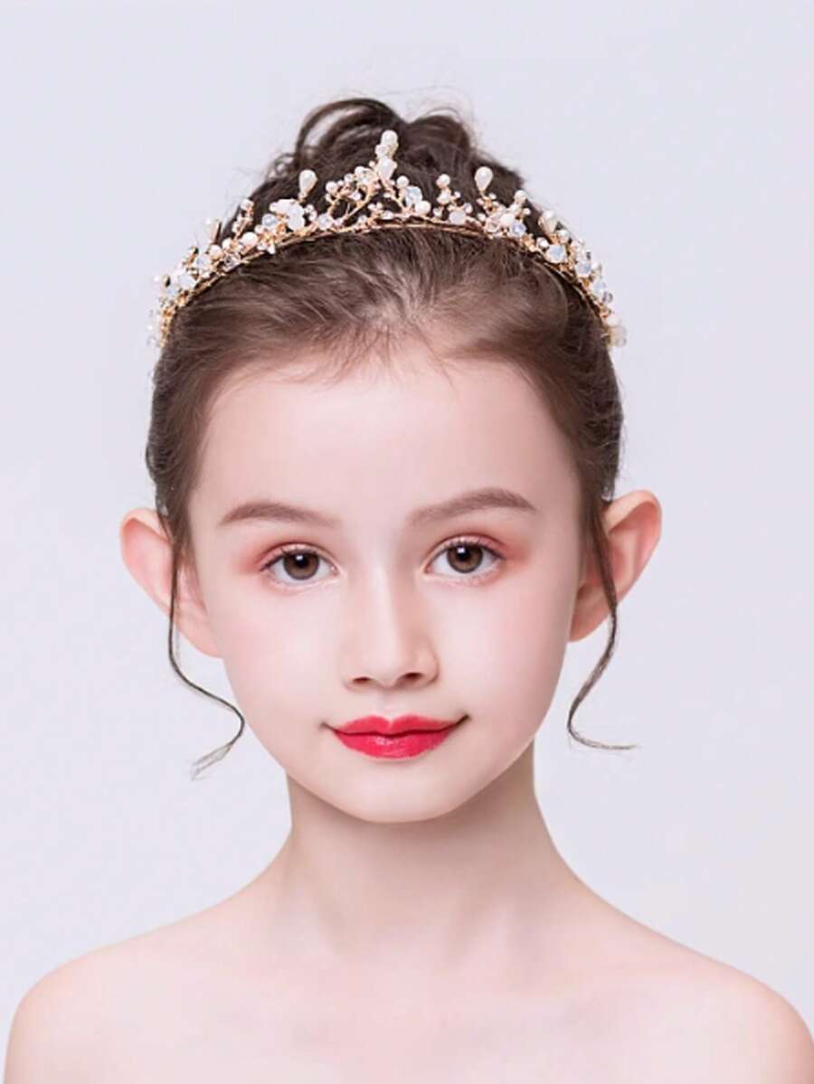 1 pieza Diadema corona dorada estilo coreano para niños, accesorio para el cabello de princesa con cristal y rhinestone para niña - A - Ver 1