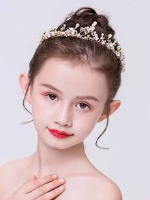 1 pieza Diadema corona dorada estilo coreano para niños, accesorio para el cabello de princesa con cristal y rhinestone para niña - A - Ver 6
