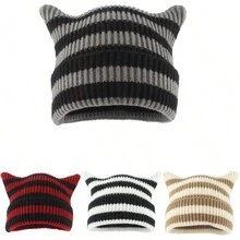 女士钩针帽子 可爱 卡哇伊 猫耳帽 复古条纹针织骷髅帽 - 條紋 - 查看 12