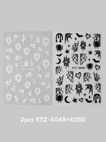 FULL BEAUTY 怪异黑白蜘蛛万圣节指甲暗色心形蜘蛛网蝙蝠美甲贴纸星月 Y2K 涂鸦卡通可爱滑块设计指甲贴花万圣节派对 DIY 饰品装饰指甲用品 - 黑與白 - 查看 11