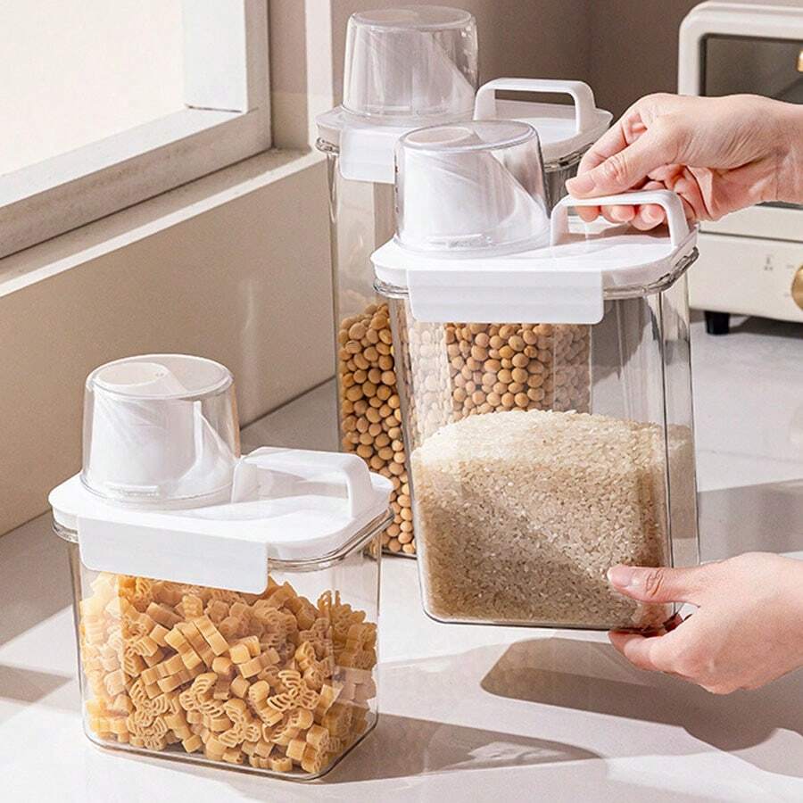 1 件带量杯的密封食品储存容器，透明塑料厨房和食品罐，适用于宠物食品、谷物、谷类、面粉，带手柄 - 無色 - 查看 1
