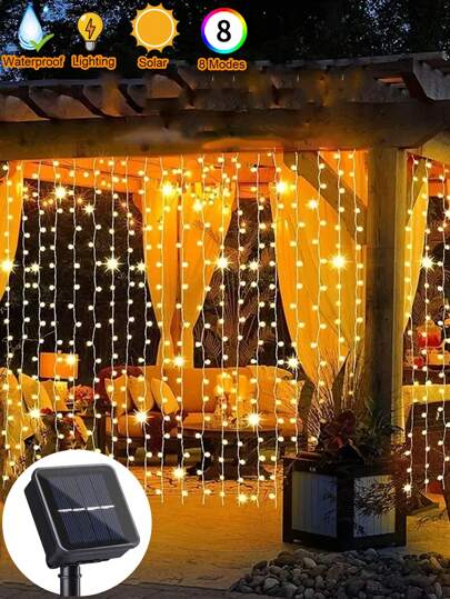 1pc 300/200/100 LEDs Solar Curtain Light, Outdoor Light, 8 Lighting Modes Fairy Lights Christmas Party Wedding Home Bedroom Garden Wall Decor, Halloween Decorations Lights Outdoor 9.8Ftx9.8Ft/9.8Ftx6.5Ft/9.8Ftx3.2Ft