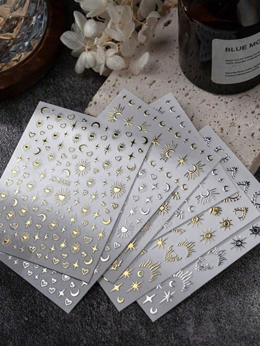 6 Bögen Bohemien Motiv Nail Art Aufkleber mit Stern, Mond, Muster und Herzform DIY
