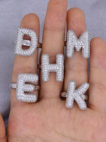 KEJIALAI 1pc New Luxury Big Exaggerated Hip-Hop Style A-Z 26 Letter Ring, Copper Micropavé CZ Plated Platinum Men Women Initial Name Letter Ring - Letter - View 6
