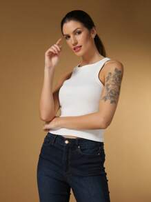 Steve Store Women's Fashion Ribbed Basic Tank Top - 白色 - 查看 4