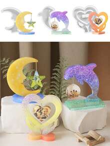 1/3 Set Stampo in silicone a forma di cuore per cornici portafoto, stampo a forma di cuore per pendente in gesso a forma di luna e delfino, pendente da appendere, stampo per gocce di colla - Bianco - Visualizzare 9