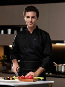 新款男士长袖厨师服，双排扣设计，纯色，防污透气厨师制服 - 黑色 - 查看 3