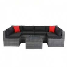 5 Pieces PE Rattan Sectional Outdoor Furniture Cushioned U Sofa Set With 2 Pillow Grey Wicker + Black Cushion - 黑色 - 查看 5
