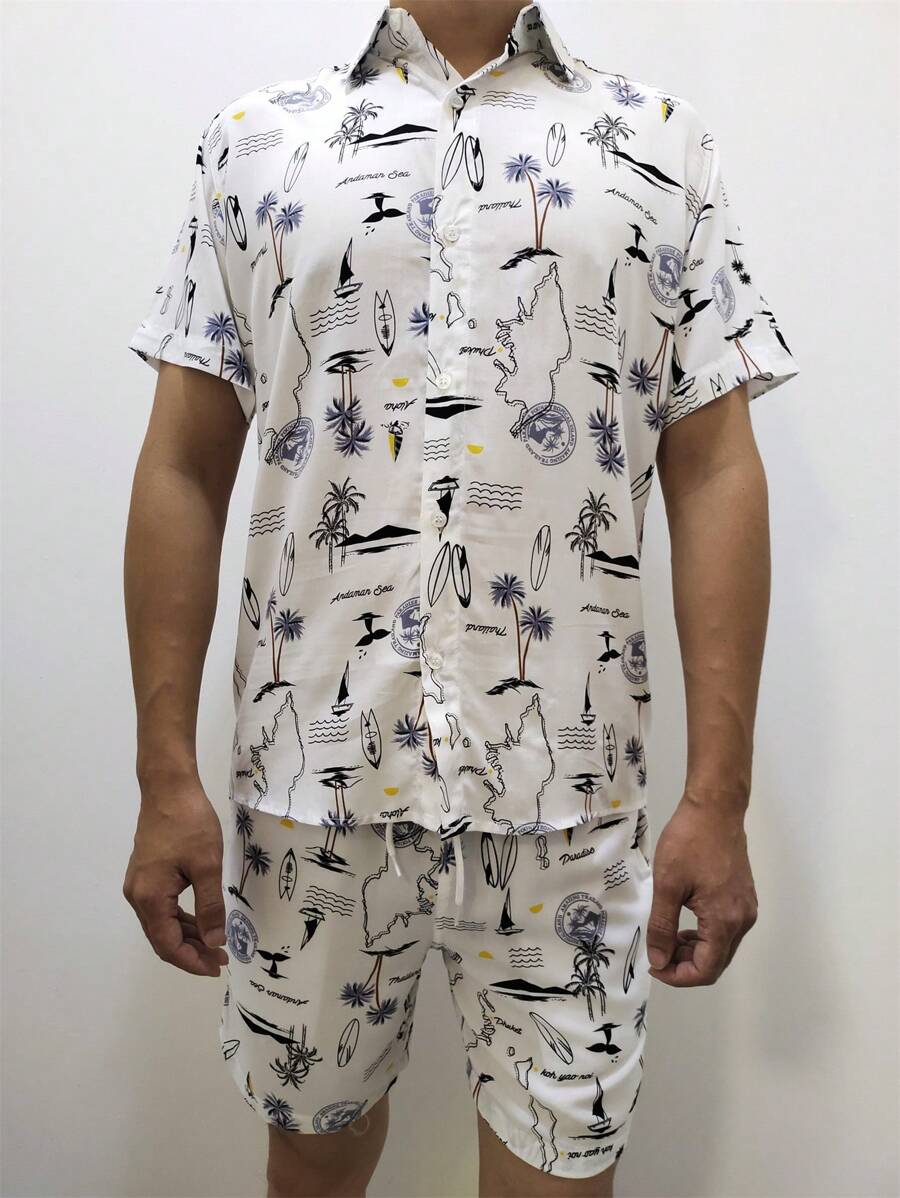 Men's Adult Shirt And Shorts Set Viscose Fabric With Elastane Shrinks A Little - 灰色 - 查看 1