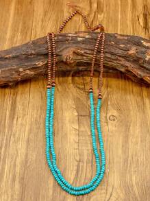 1pc Vintage Copper-Tone Western Country Style Pearl & Turquoise Long Necklace, Bohemian Accessory, Wilderness Necklace, Double-Layer Turquoise Pendant, Fashionable Women's Jewelry, Suitable For Daily Wear Or Gift - Blue - View 2