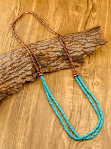 1pc Vintage Copper-Tone Western Country Style Pearl & Turquoise Long Necklace, Bohemian Accessory, Wilderness Necklace, Double-Layer Turquoise Pendant, Fashionable Women's Jewelry, Suitable For Daily Wear Or Gift - Blue - View 5